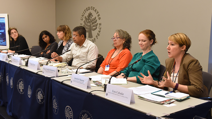 Jennings Randolph Senior Fellow C. Esra Çuhadar speaks at a USIP conference on inclusive peace processes, May 18, 2018.