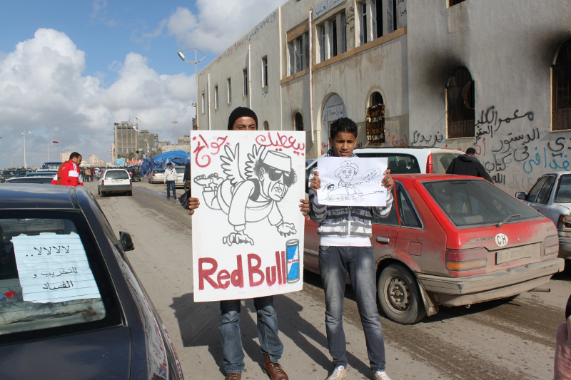 In 2011, Libyan protesters often used humor to express dissatisfaction with their leaders. (Al Jazeera English)