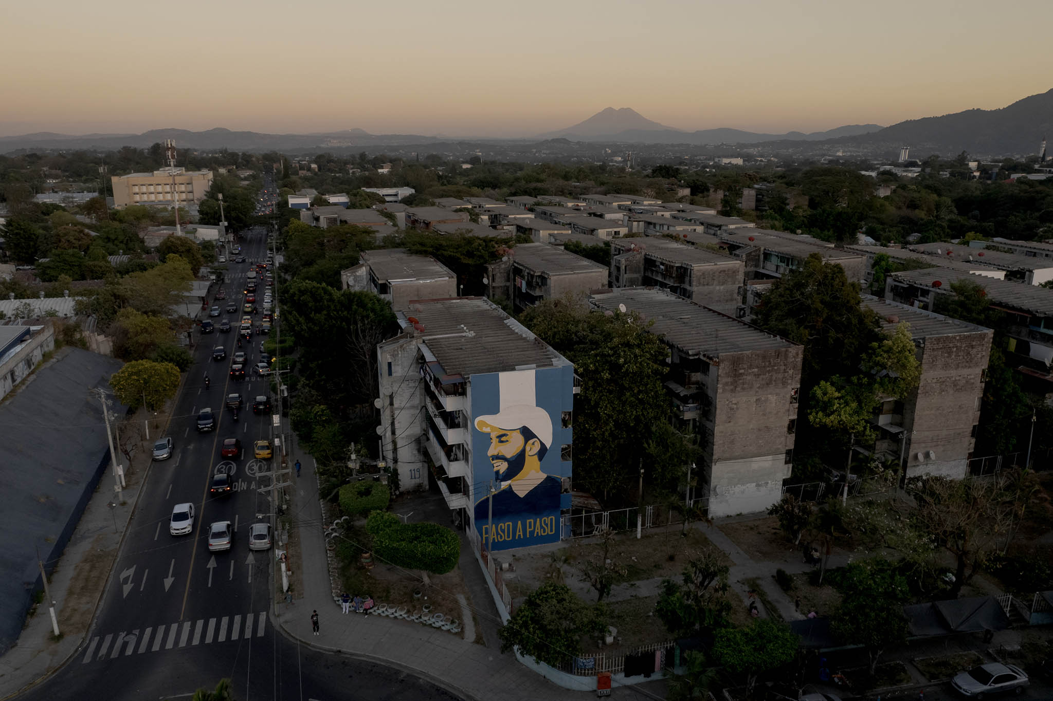 An image of El Salvador’s president, Nayib Bukele, adorns an apartment building in the Zacamil neighborhood of San Salvador, the capital of El Salvador, on Jan. 24, 2024. (Fred Ramos/The New York Times)