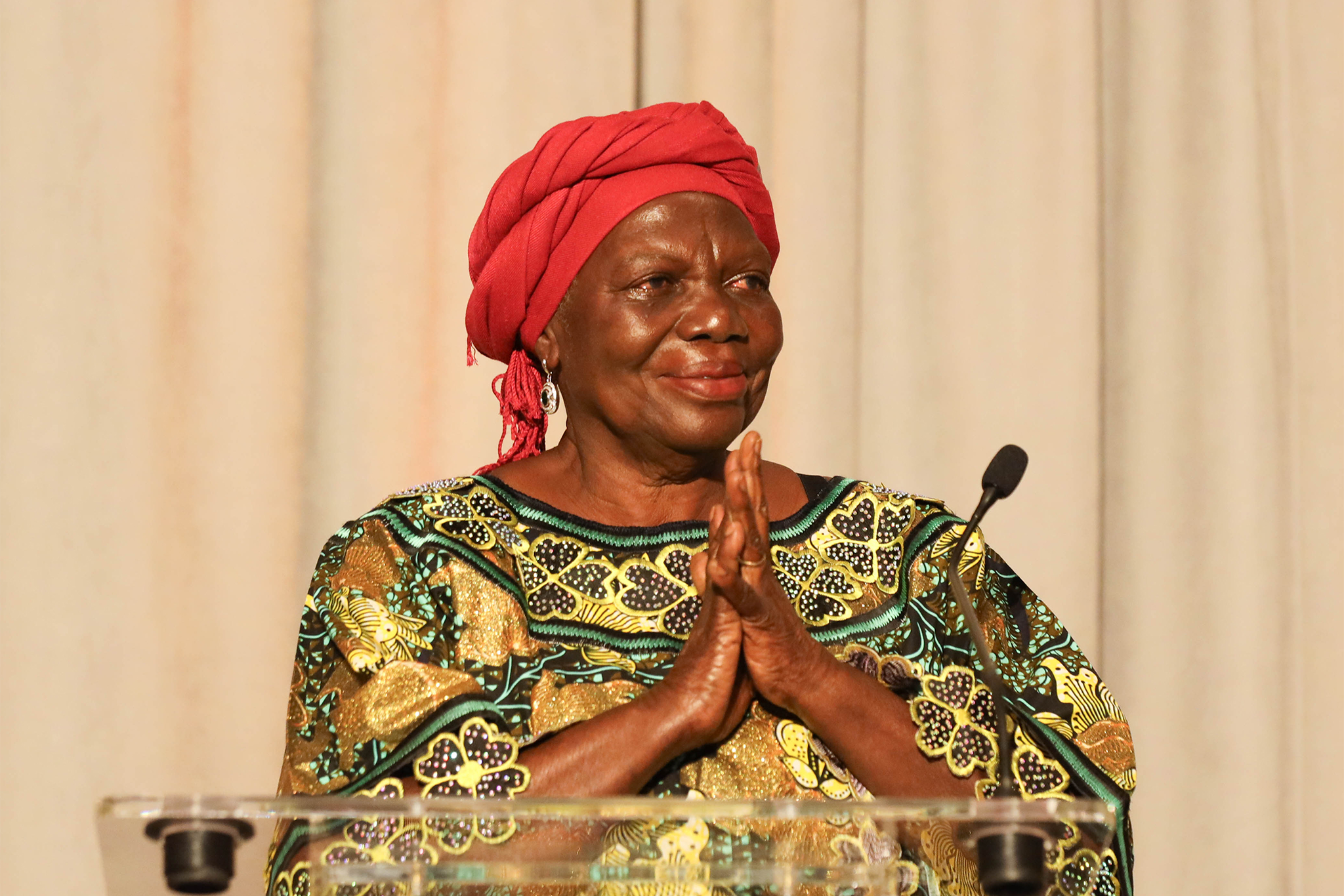 Pétronille Vaweka, USIP’s 2023 Women Building Peace laureate, speaks after receiving the award Feb. 27. She says U.S. leadership is vital to gathering the political will to end the eastern Congo basin wars.