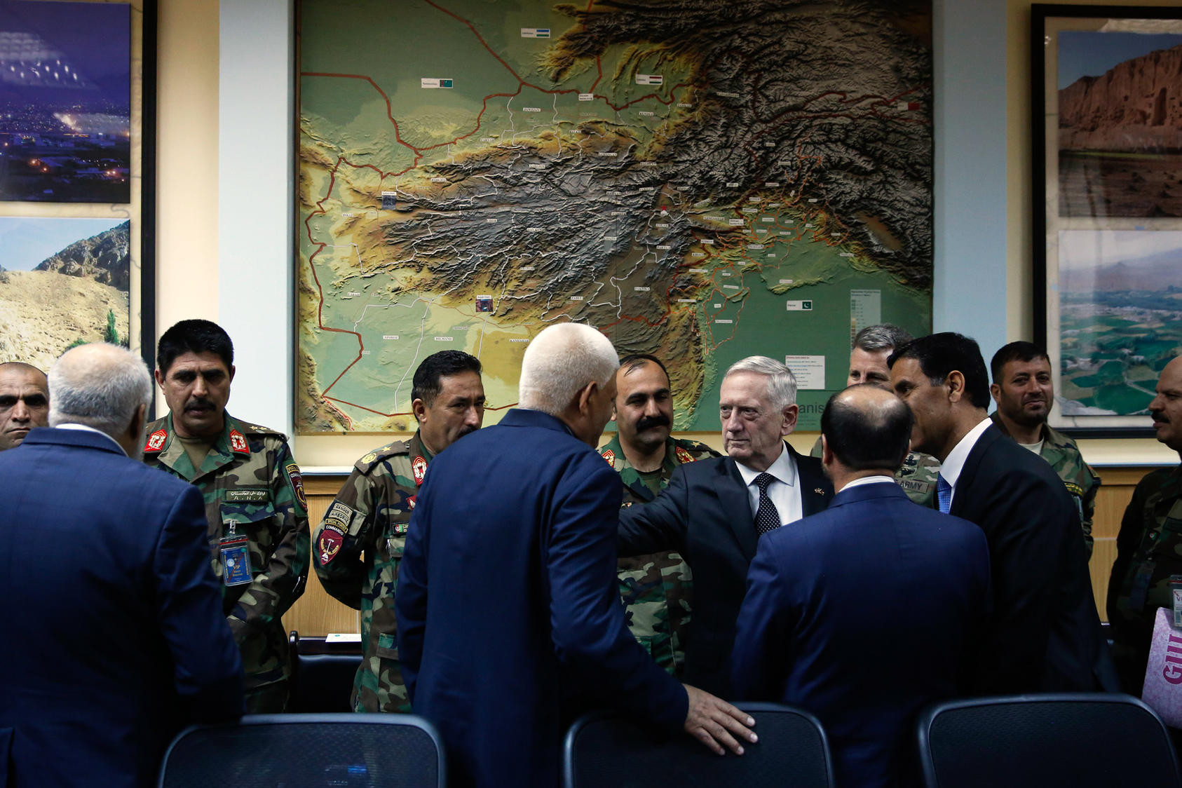 U.S. Defense Secretary James Mattis, center, meets with Afghan military leaders in Kabul, Afghanistan, April 24, 2017. As President Donald Trump decides whether to send thousands more troops to Afghanistan, his administration is divided along familiar fault lines, pitting two generals, Mattis and Lt. Gen. H.R. McMaster, against political aides. (Johnathan Ernst/Pool via The New York Times)