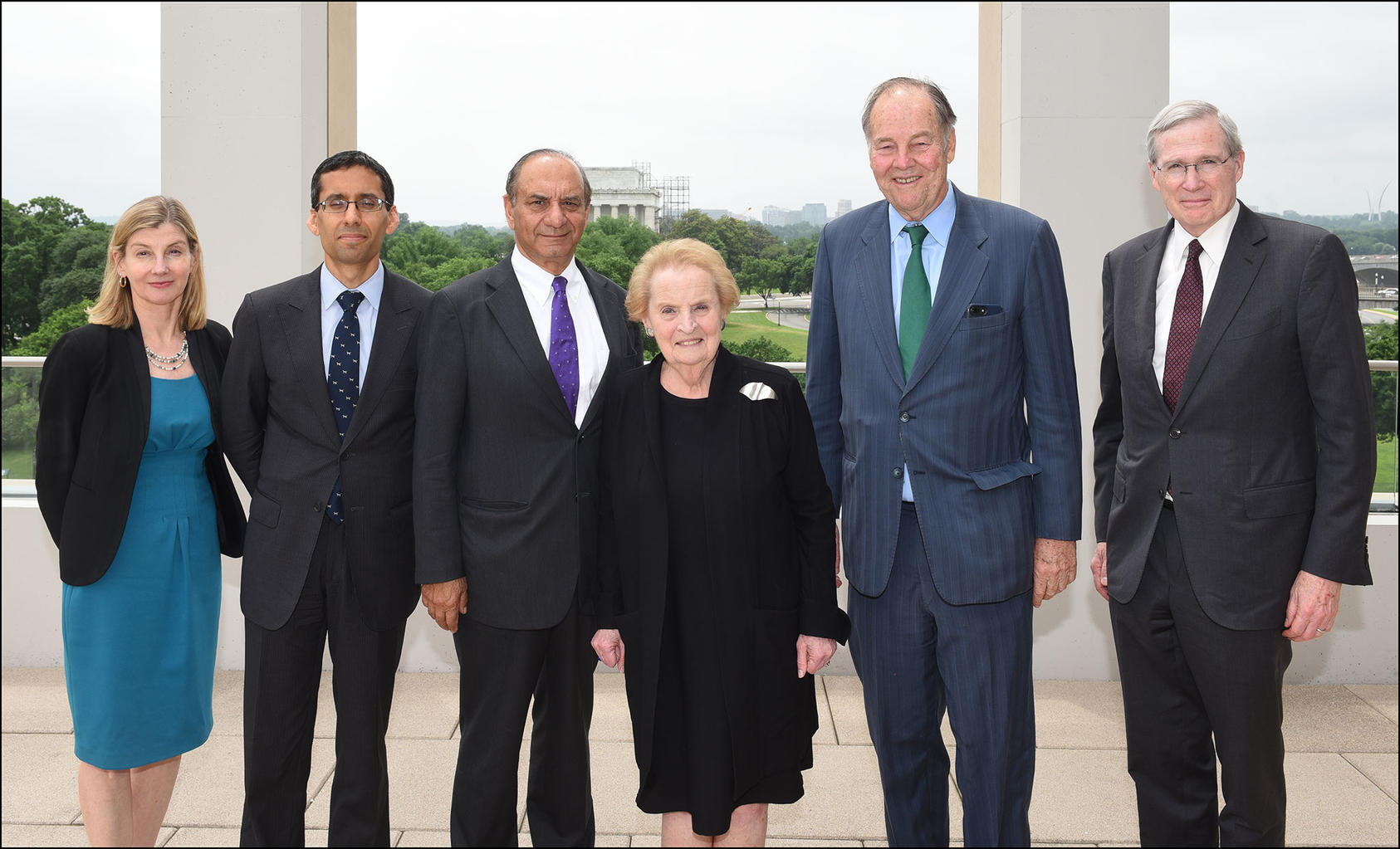 Pictured left to right, Nancy Lindborg, Michael Singh, Farooq Kathwari, Madeleine Albright, Governor Thomas Kean, Stephen Hadley