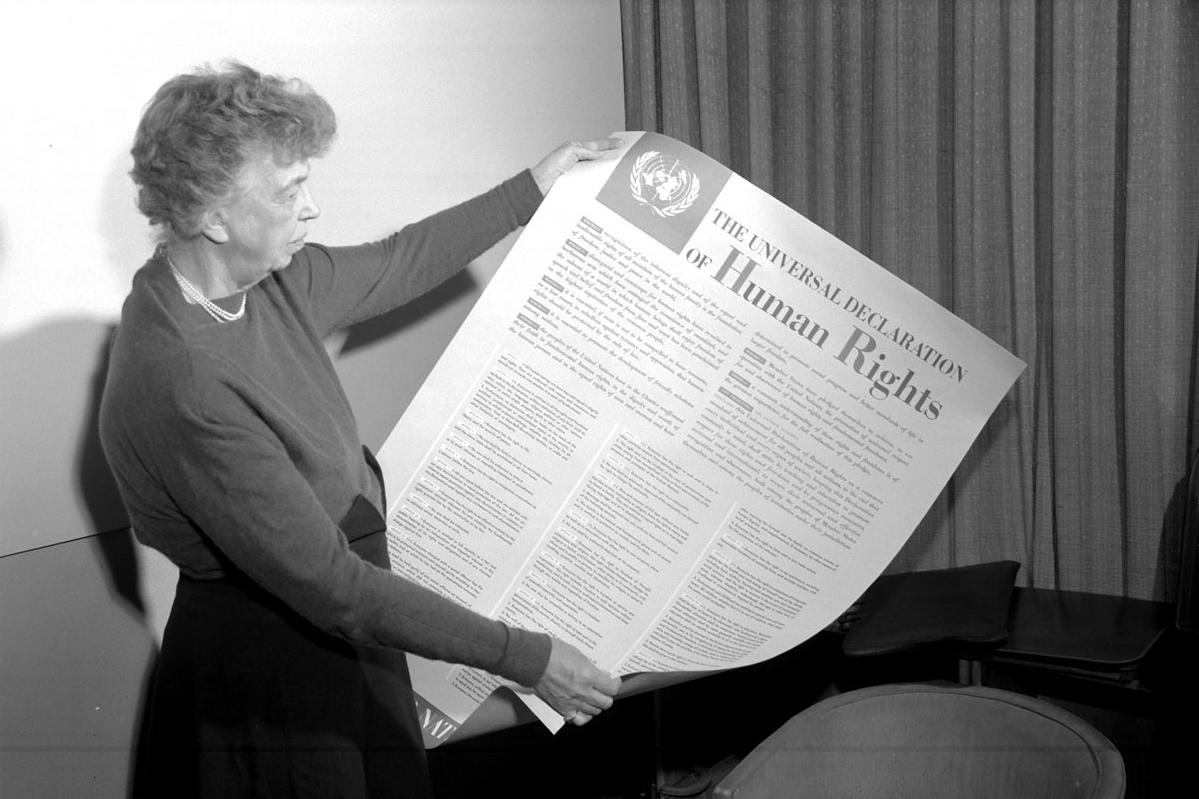 Eleanor Roosevelt holding Universal Declaration of Human Rights