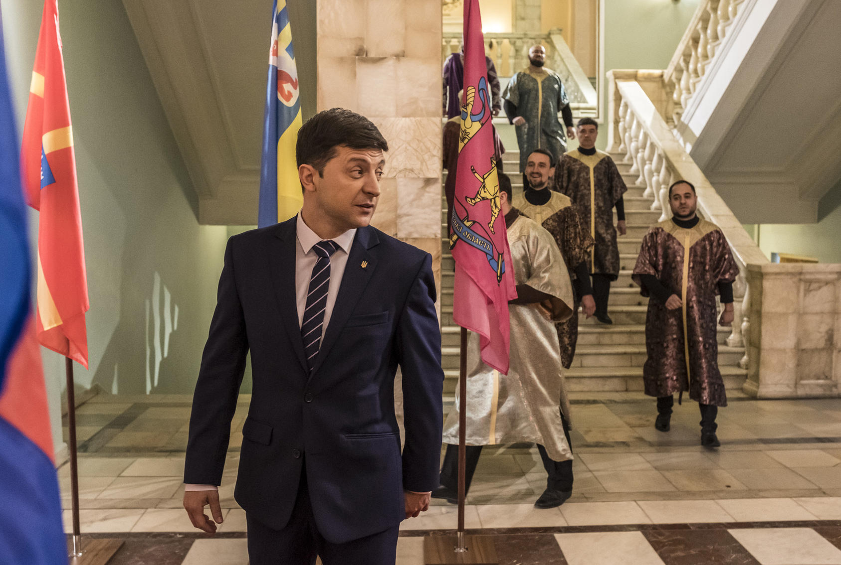 Amid the election campaign, Volodymyr Zelenskiy rehearses on the set of the TV show in which he played an accidental president. His election as Ukraine’s real leader poses new questions. (Brendan Hoffman/The New York Times)