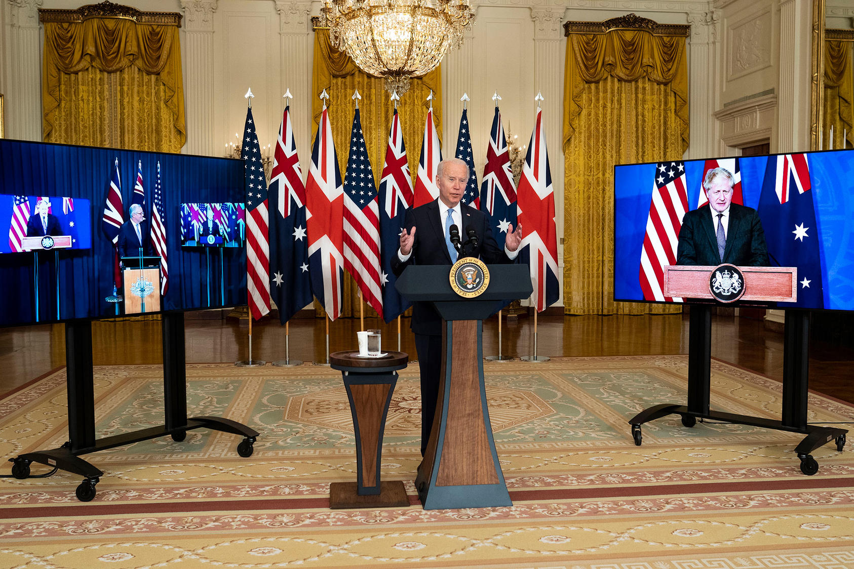 President Joe Biden participates in a videoconference with Australian Prime Minister Scott Morrison and U.K. Prime Minister Boris Johnson from the White House. September 15, 2021. (Doug Mills/The New York Times)