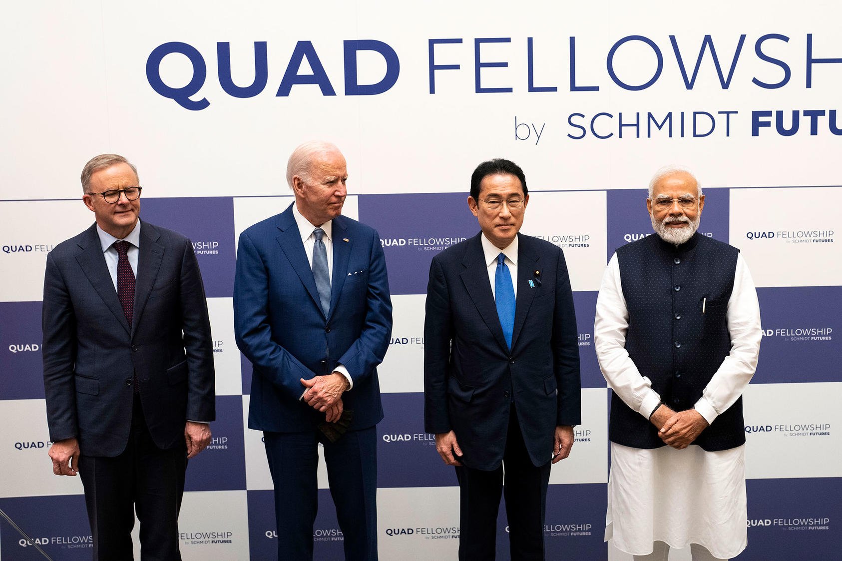 President Joe Biden, second from left, with, from left, Prime Minister Anthony Albanese of Australia, Prime Minister Fumio Kishida of Japan and Prime Minister Narendra Modi of India in Tokyo on Tuesday, May 24, 2022. (Doug Mills/The New York Times)