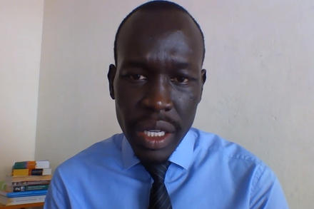 From rural Uganda, Gatwal Gatkuoth delivers a video message for a U.N. Security Council meeting in April. (YouTube)