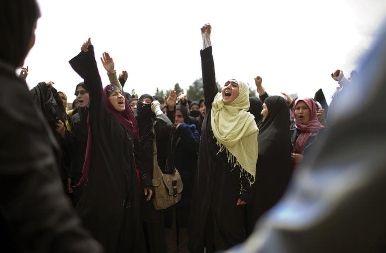 Women stage a protest in Kabul.