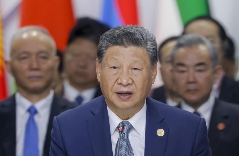 Chinese leader Xi Jinping speaks on October 24, 2024, at the BRICS Summit in Kazan, Russia, where China is promoting the GSI. (Photo by Maxim Shemetov/Pool via AP)