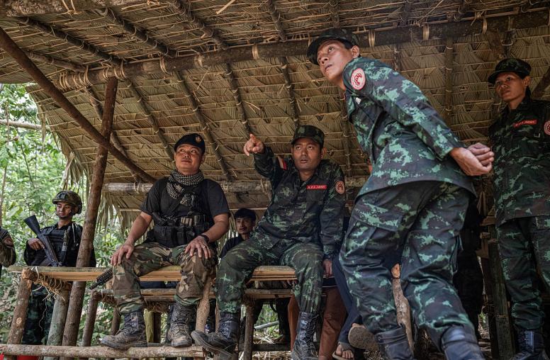 A rebel commander in Myanmar, on the first day of training for new recruits in Karen State, on May 7, 2024. (Daniel Berehulak/The New York Times)