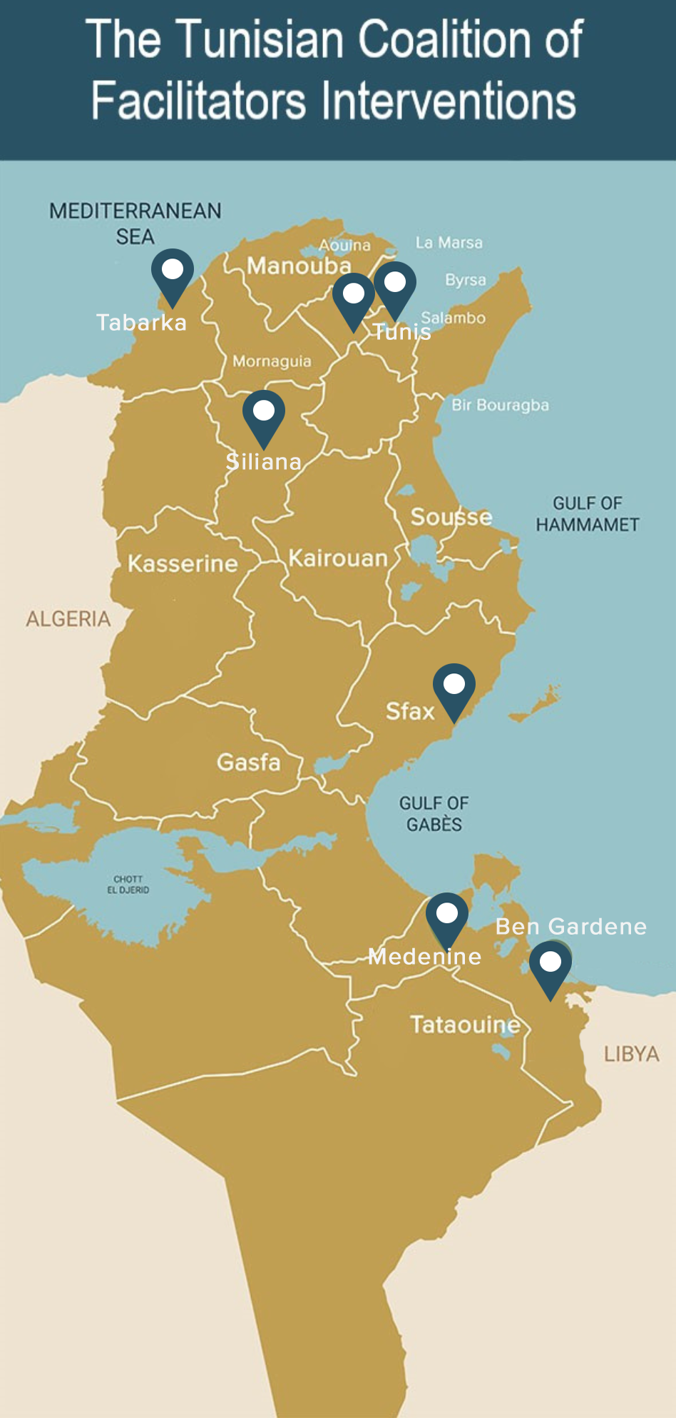 USIP works across Tunisia, and the capital Tunis is home to the Institute’s regional office, which implements programs, convenes experts, conducts trainings, and facilitates initiatives across the Middle East and North Africa. 