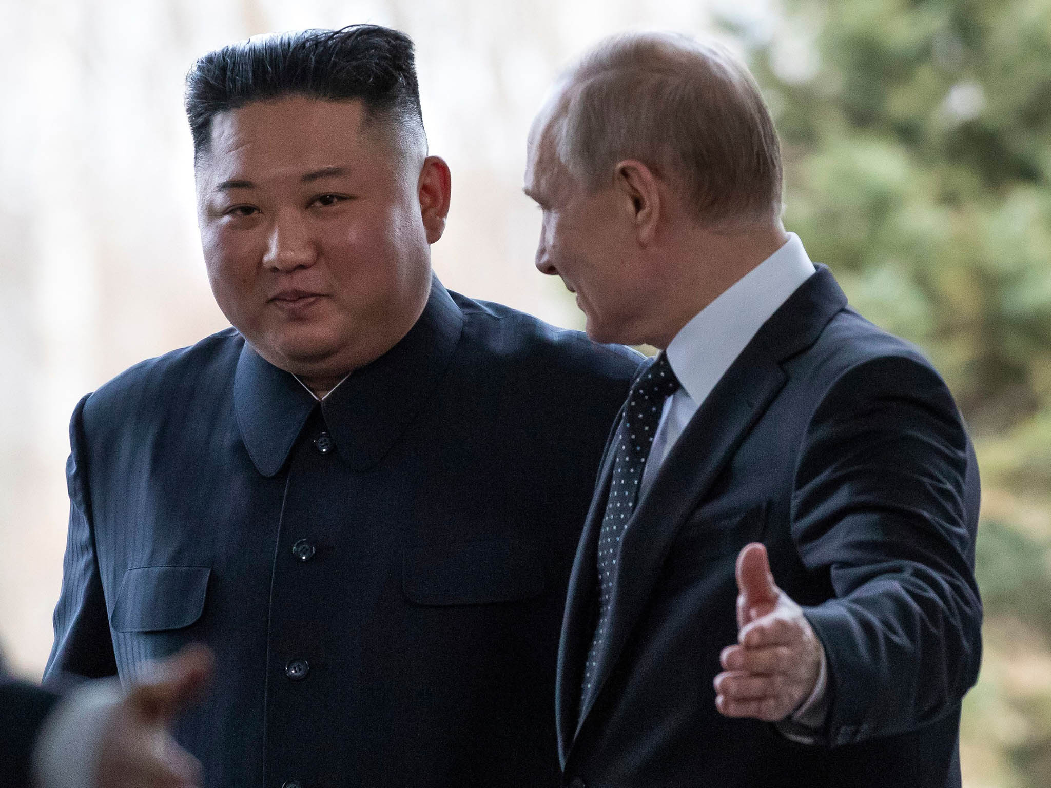 Russian President Vladimir Putin, right, and North Korea's leader, Kim Jong-Un, before talks in Vladivostok, Russia. April 25, 2019. (Alexander Zemlianichenko/Pool via The New York Times)