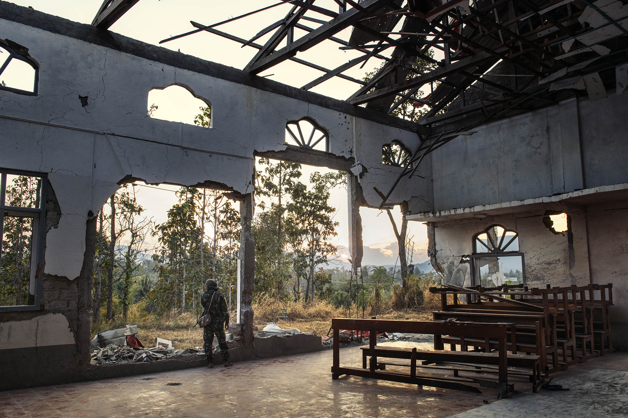 A church damaged by the Myanmar military in southern Karenni State, Myanmar. January 28, 2024. (Adam Ferguson/The New York Times)