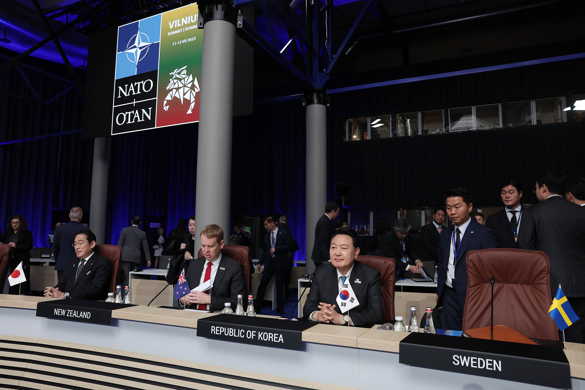 South Korean President Yoon Suk-yeol, seated on the right, at the 2023 NATO Summit in Vilnius, Lithuania (Republic of Korea).