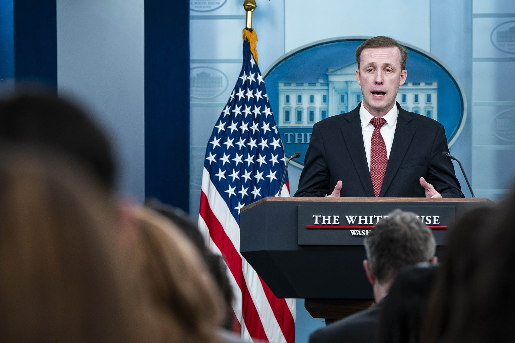 Jake Sullivan, the national security adviser for President Joe Biden, speaks to reporters during a briefing at the White House in Washington, on Tuesday, April 9, 2024. (Haiyun Jiang/The New York Times)