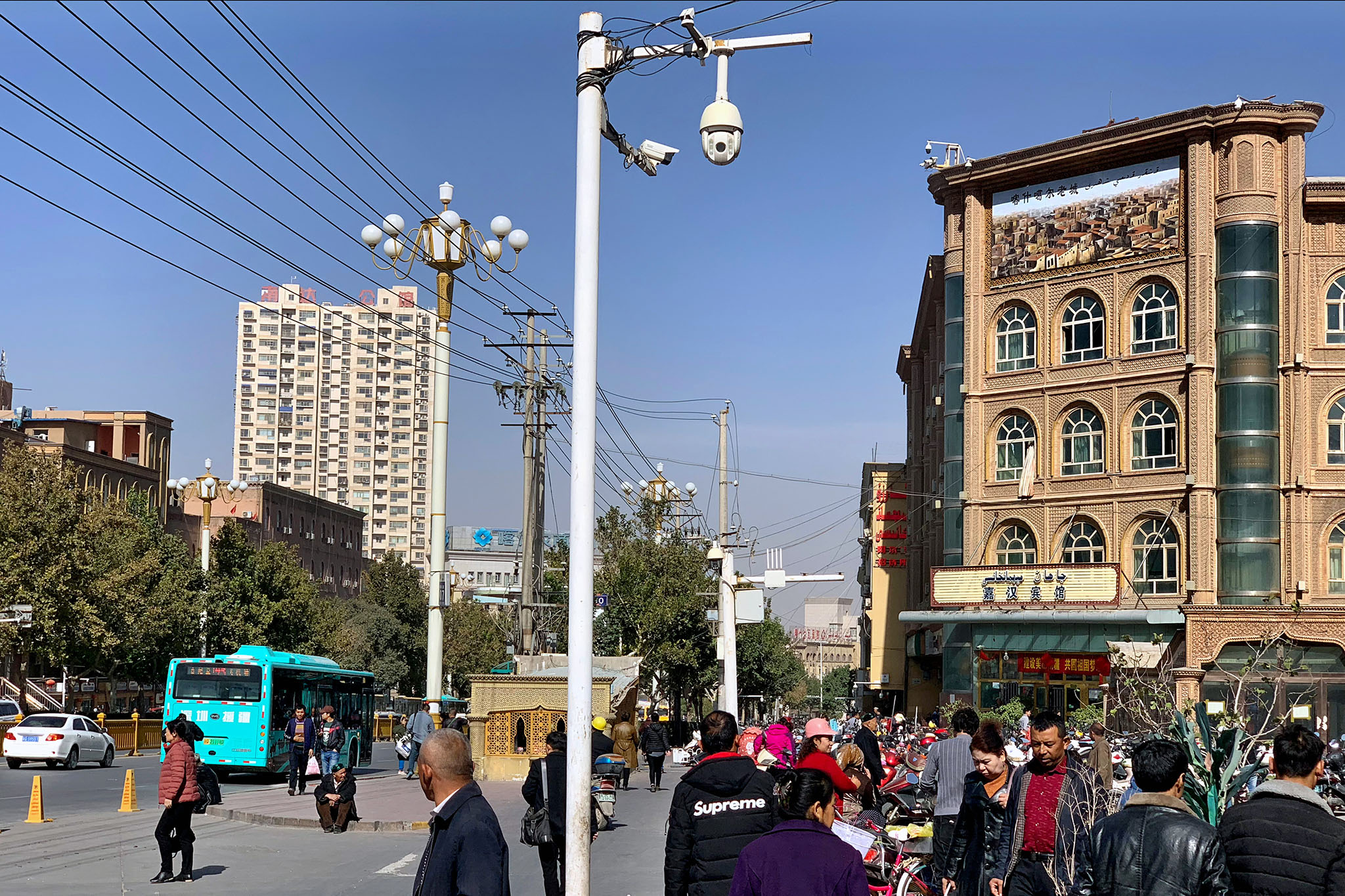 A street scene in Kashgar, China, where Chinese authorities employ stringent surveillance measures on the Uyghur minority. Central Asian leaders are interested in using Chinese technology to tamp down on opposition. (The New York Times)