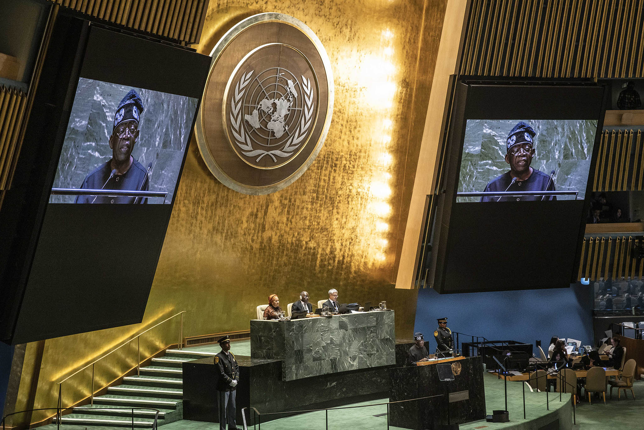 Bola Ahmed Tinubu, president of Nigeria, addresses the 78th session of the United Nations General Assembly, at the U.N. headquarters in Manhattan on Tuesday, Sept. 19, 2023. (Dave Sanders/The New York Times)