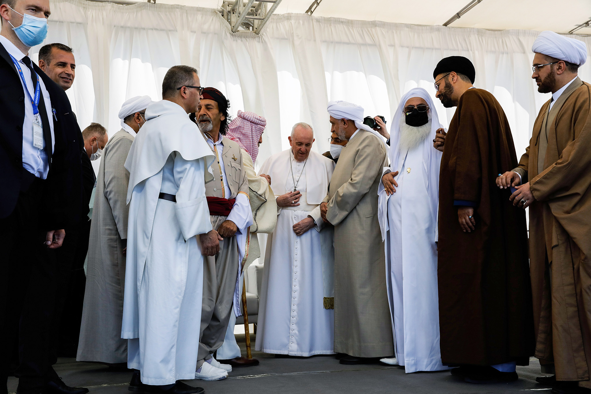 Pope Francis, center, at an interreligious meeting near Ur, Iraq, on Saturday, March 6, 2021. (Ivor Prickett/The New York Times)