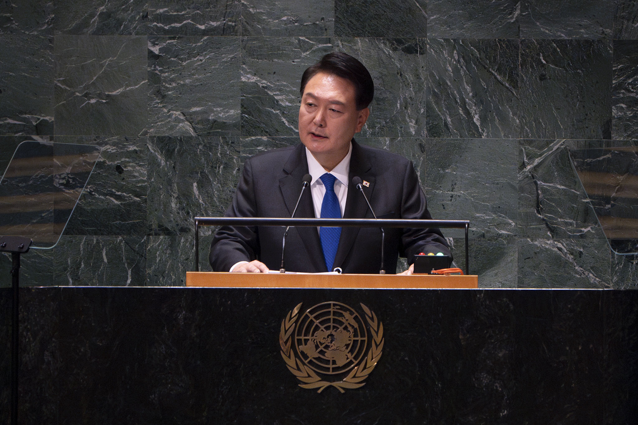 President Yoon Suk Yeol of South Korea addresses the 78th session of the United Nations General Assembly at U.N. headquarters in New York on Wednesday, Sept. 20, 2023. (Maansi Srivastava/The New York Times)