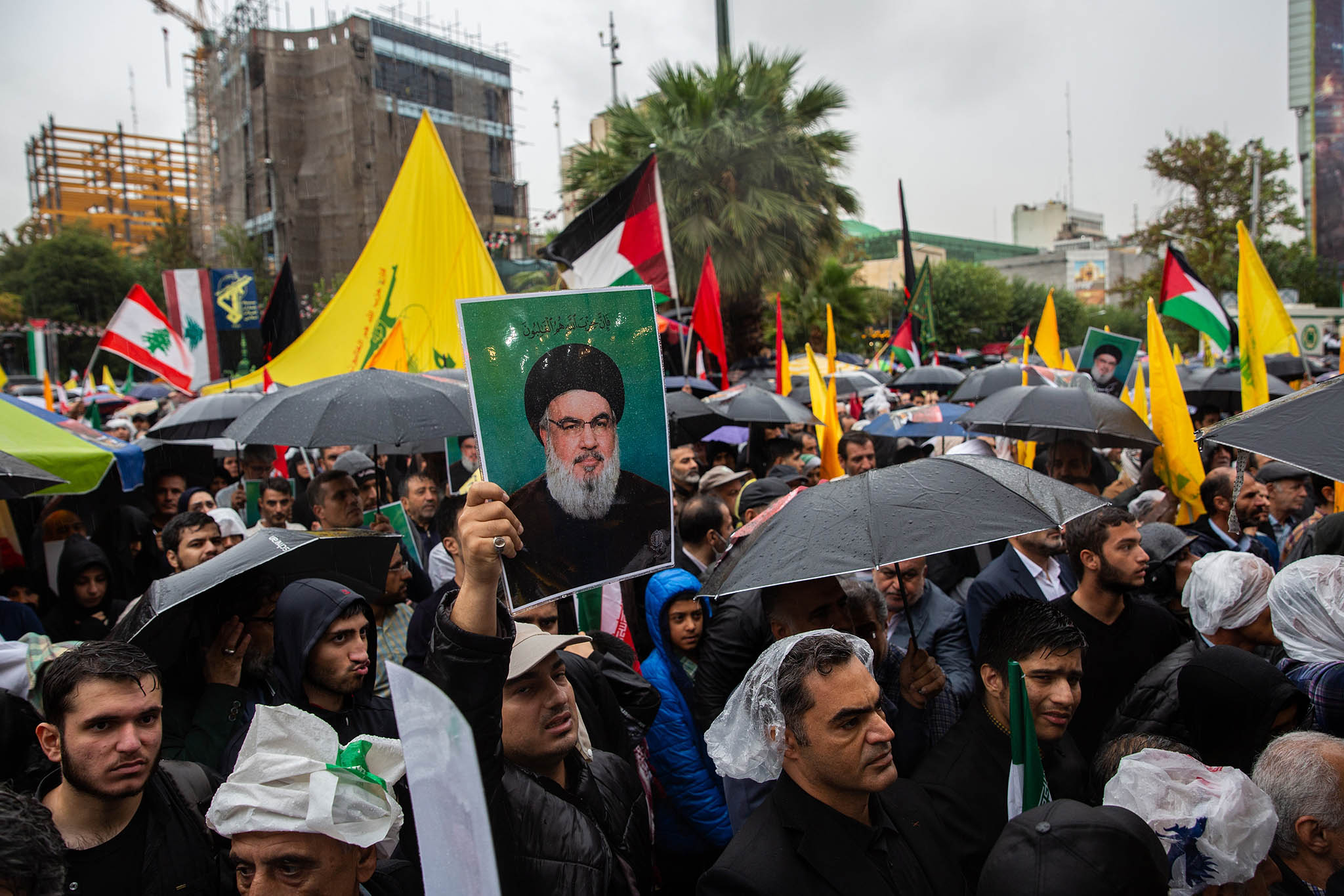 People gather in Tehran, Iran, to mourn the Hezbollah leader Hassan Nasrallah on Saturday, Sept. 28, 2024. (Arash Khamooshi/The New York Times)