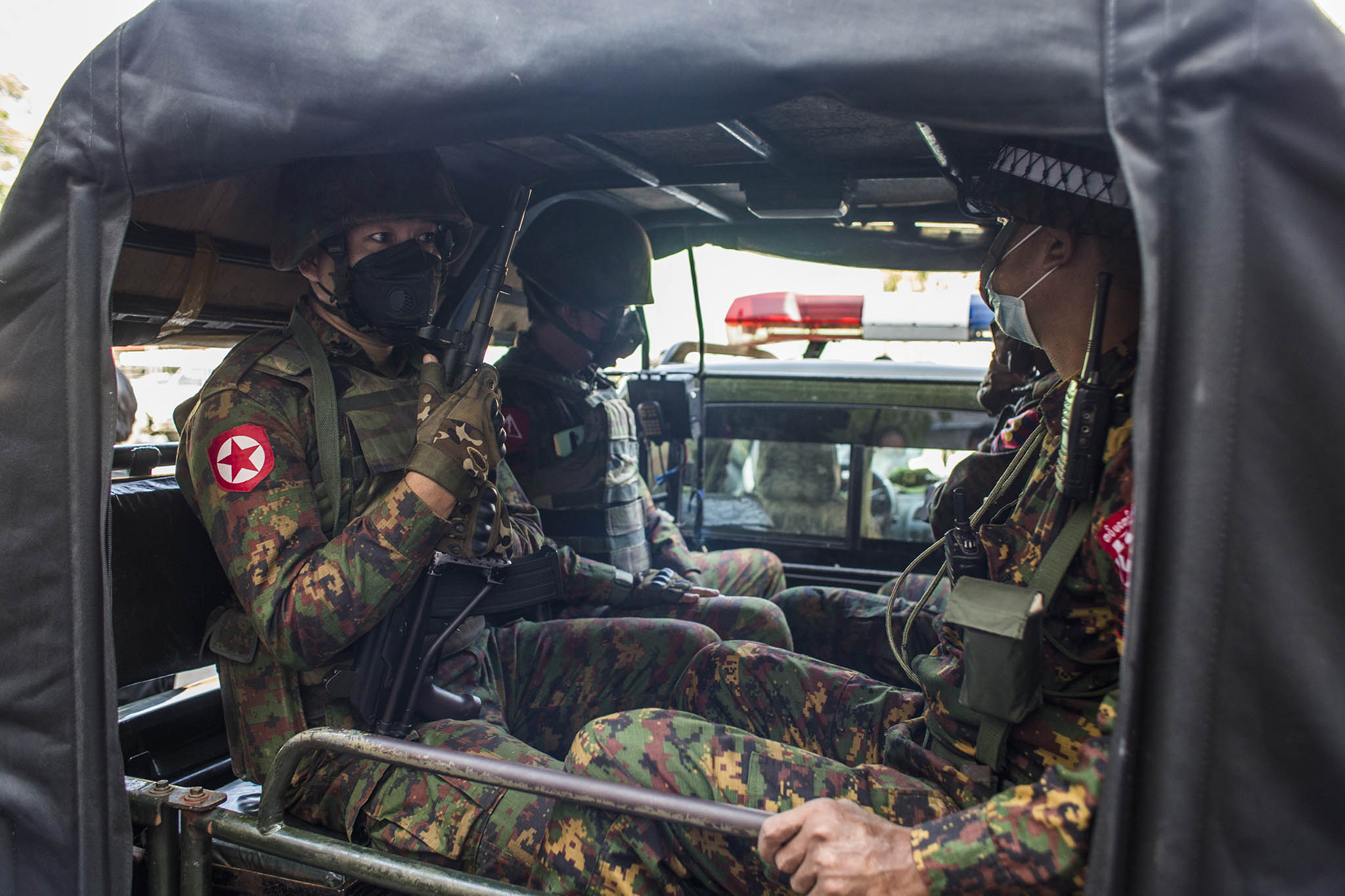 Soldiers in a truck on the streets of Yangon, Myanmar, Tuesday, Feb. 2, 2021. (The New York Times)