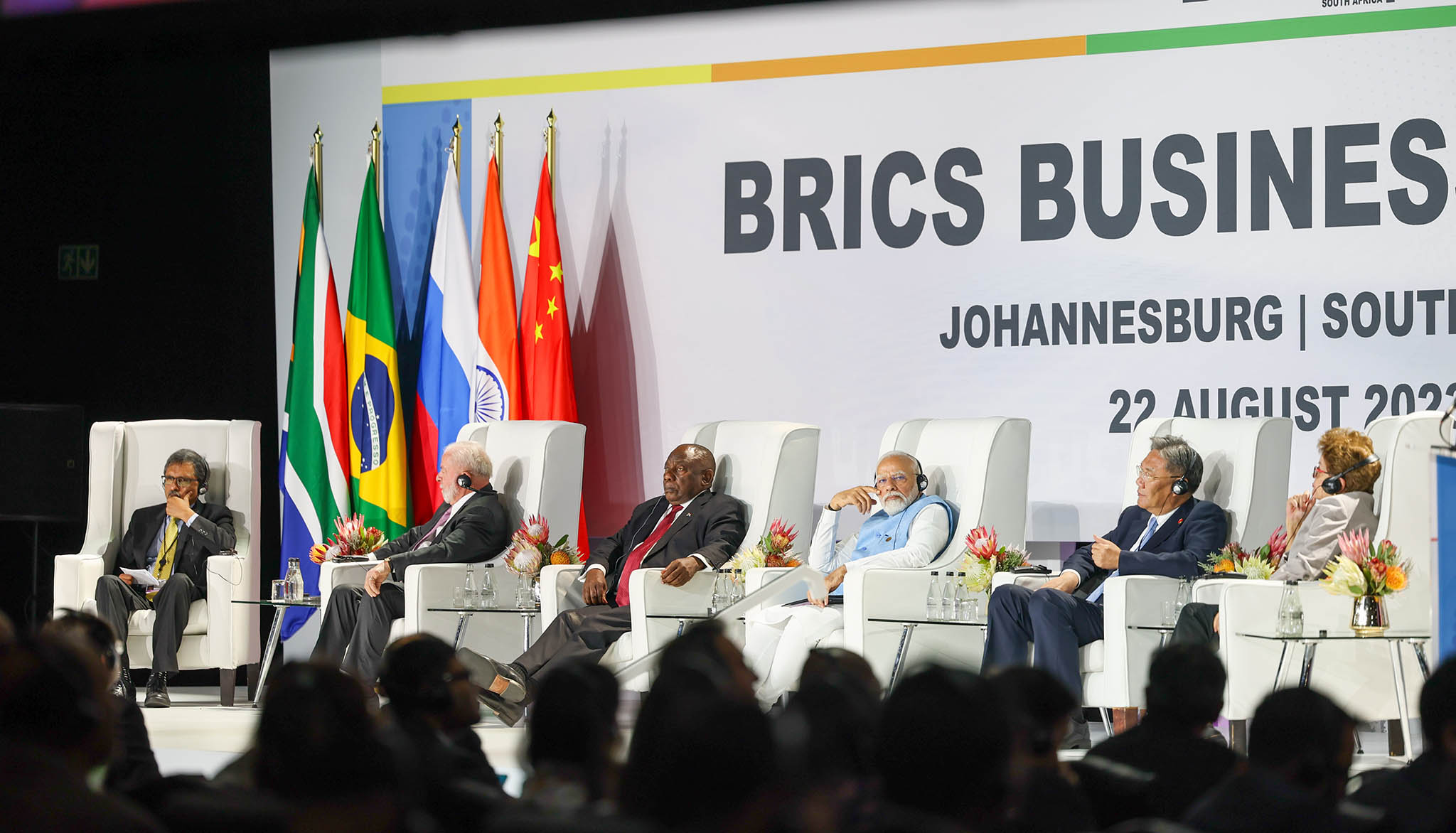 Leaders from Brazil, Russia, India, China and South Africa at last year’s BRICS summit in South Africa, Aug. 23, 2023. (Indian Ministry of External Affairs)