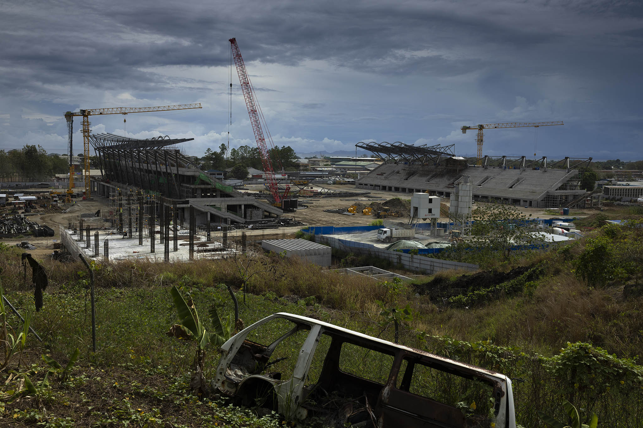 The construction site for a Chinese-funded stadium complex in Honiara, Solomon Islands, on Aug. 8, 2022. (Matthew Abbott/The New York Times)