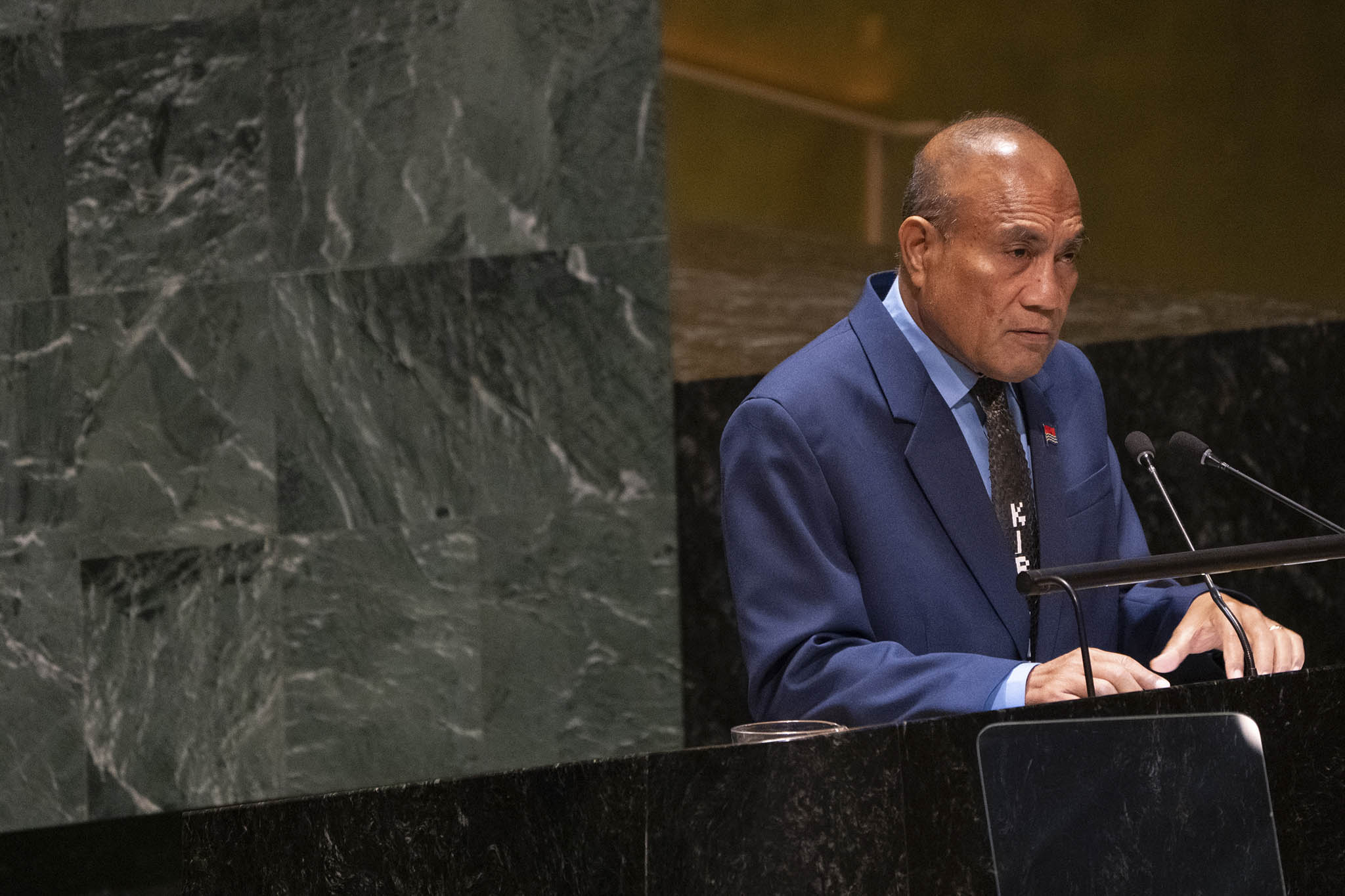 President Taneti Maamau of Kiribati, seen here addressing the United Nations General Assembly at U.N. headquarters in New York on September 21, 2023, has been reelected to a third term. (Maansi Srivastava/The New York Times)