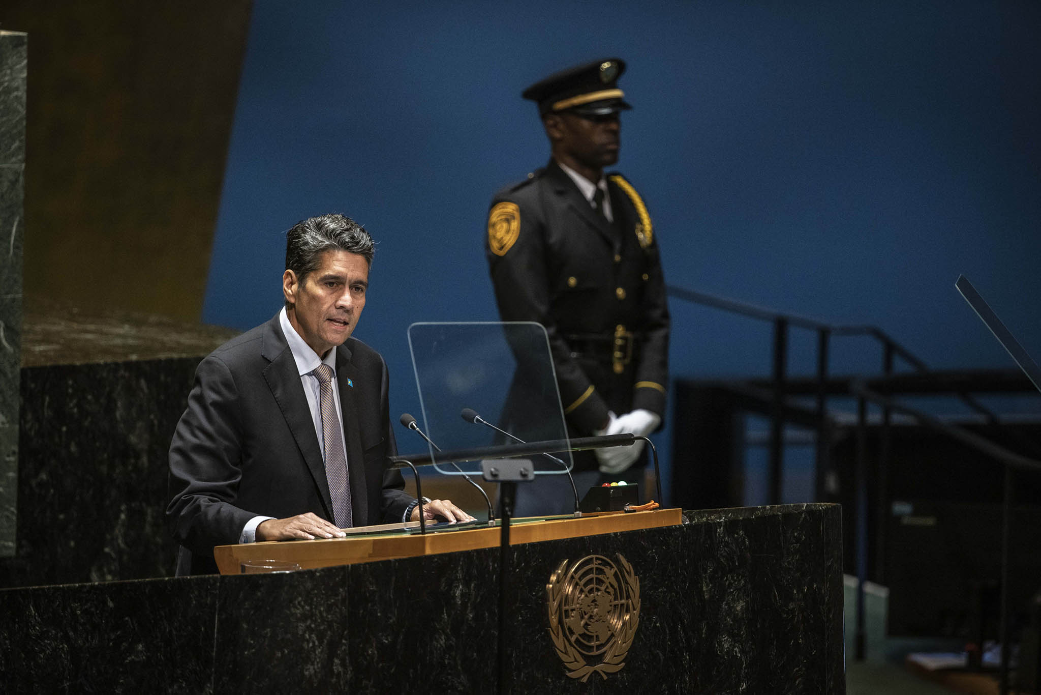 Palau President Surangel Whipps, who won re-election earlier this week, speaks at the U.N. General Assembly in New York. September 19, 2023. (Dave Sanders/The New York Times)