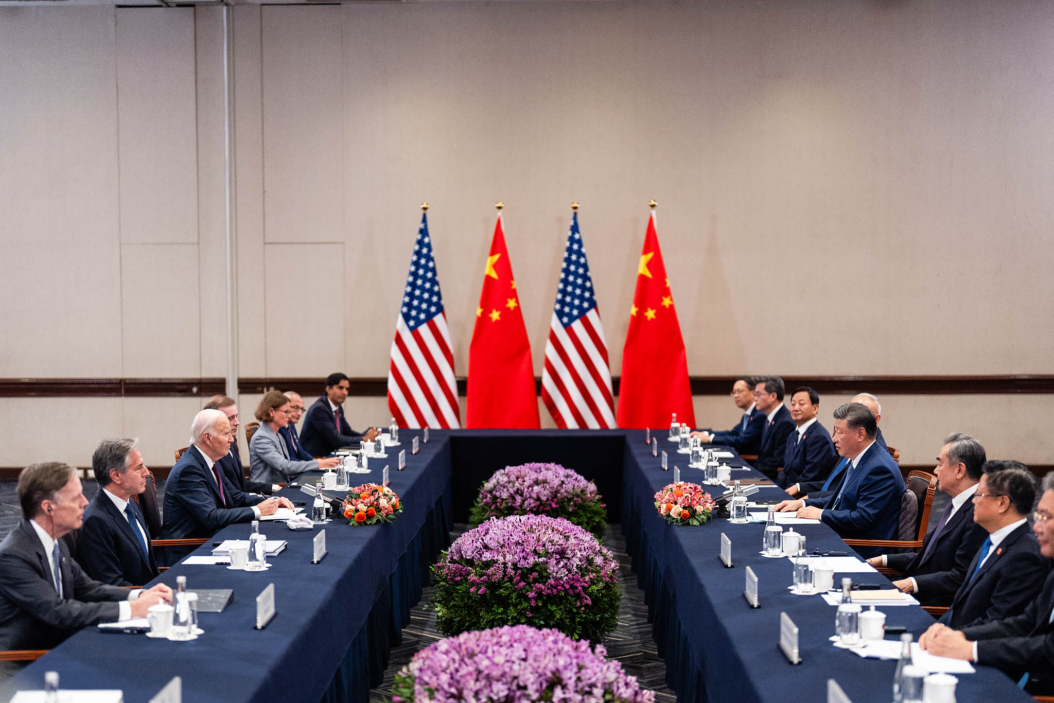 President Joe Biden speaks with Chinese leader Xi Jinping during a bilateral meeting at Delfines Hotel and Convention Center in Lima, Peru on Saturday, Nov. 16, 2024.  (Eric Lee/The New York Times)