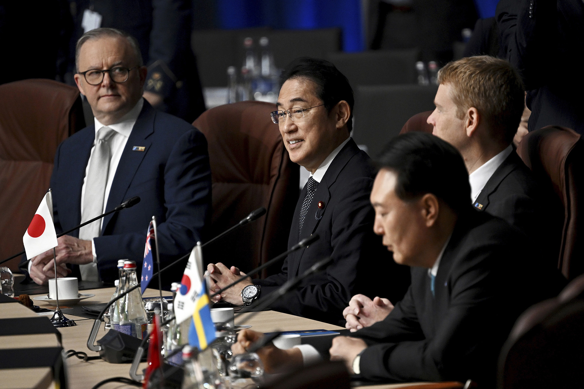 Leaders of the Indo-Pacific Four nations attend a meeing at the NATO summit in Vilnius, Lithuania, on July 12, 2023. (Photo by Paul Ellis/Pool via AP)