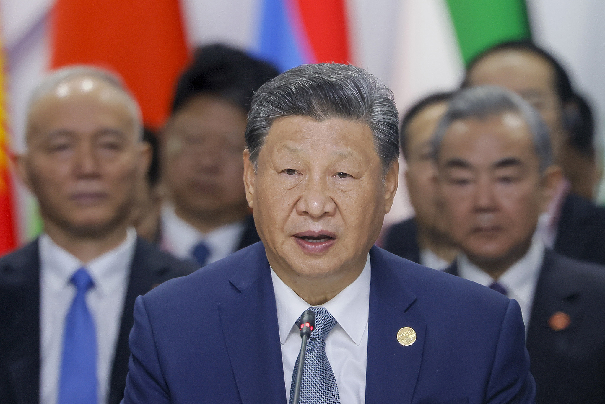 Chinese leader Xi Jinping speaks on October 24, 2024, at the BRICS Summit in Kazan, Russia, where China is promoting the GSI. (Photo by Maxim Shemetov/Pool via AP)