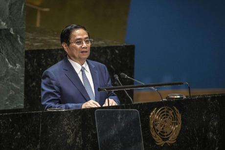 Prime Minister Pham Minh Chinh of Vietnam addresses the U.N. General Assembly at U.N. headquarters in New York, September 22, 2023. (Maansi Srivastava/The New York Times)