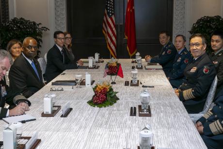 Secretary of Defense Lloyd J. Austin meets with People’s Republic of China Minister of Defense Adm. Dong Jun in Singapore, May 31, 2024. (Chad J. McNeeley/U.S. Department of Defense)
