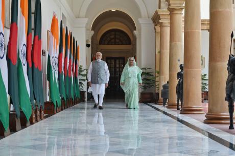 Indian Prime Minister Narendra Modi welcomed Prime Minister of Bangladesh, H.E. Sheikh Hasina, as the first foreign leader to visit India since Modi’s inauguration for a third term, June 21, 2024. (India Ministry of External Affairs)