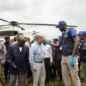 Secretary-General António Guterres visits the Democratic Republic of the Congo to take stock of and mobilize additional support for the response to the Ebola outbreak, Sept. 1, 2019. (UN Photo/Martine Perret)