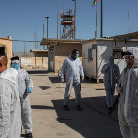 Iraqi border police at the Zurbatiya border crossing with Iran, Monday, March 9, 2020. (Ivor Prickett/The New York Times)