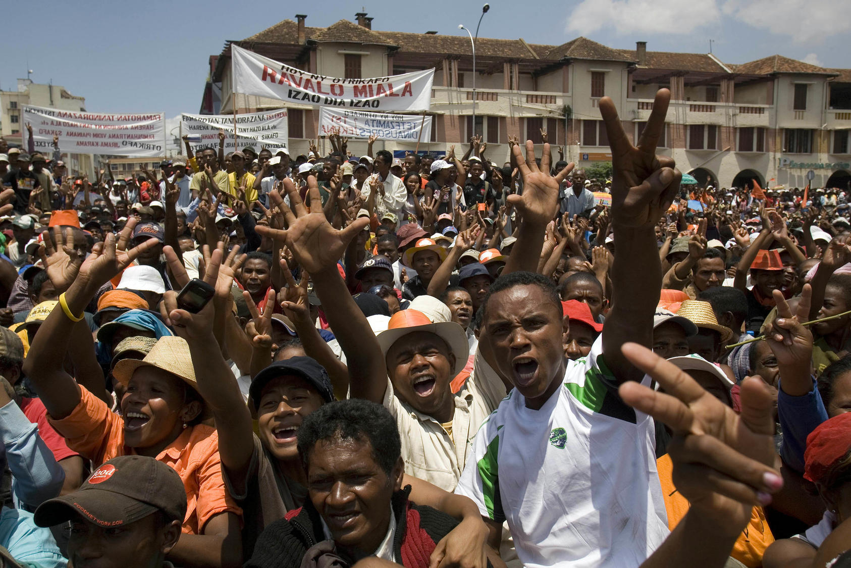 Opposition supporters chanted during a protest against the regime in Antananarivo, Madagascar on Saturday, Jan. 31, 2009. As of Saturday, this exotic island, home to 300 species of frogs, 75 species of chameleons and three dozen species of lemurs, also has two species of politicians claiming to run the country.