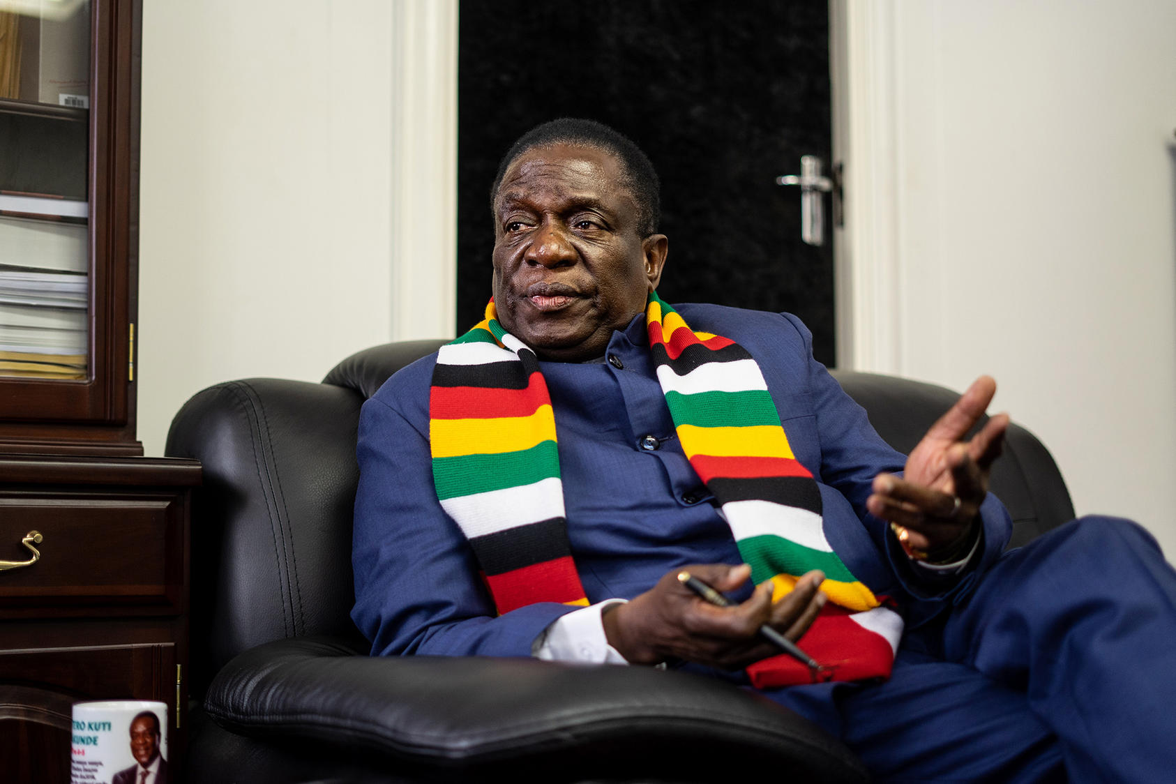 Zimbabwe’s President Emmerson Mnangagwa, at his office in Harare in 2019, dismisses assertions by Zimbabwean and international human rights organizations that he has sustained the state’s historic pattern of abuses. (Zinyange Auntony/The New York Times)