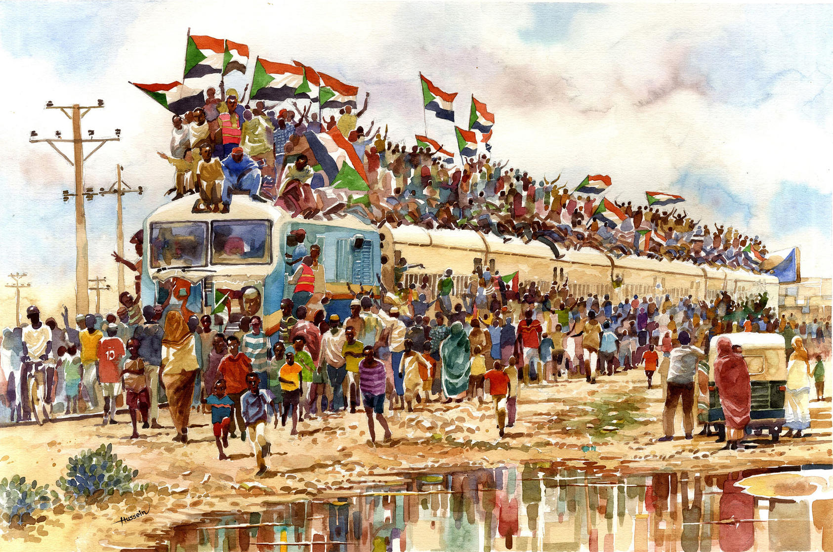Hussein Merghani’s watercolor of hundreds of people from Atbara traveling to join the sit-in at the military headquarters in Khartoum in April 2019.
