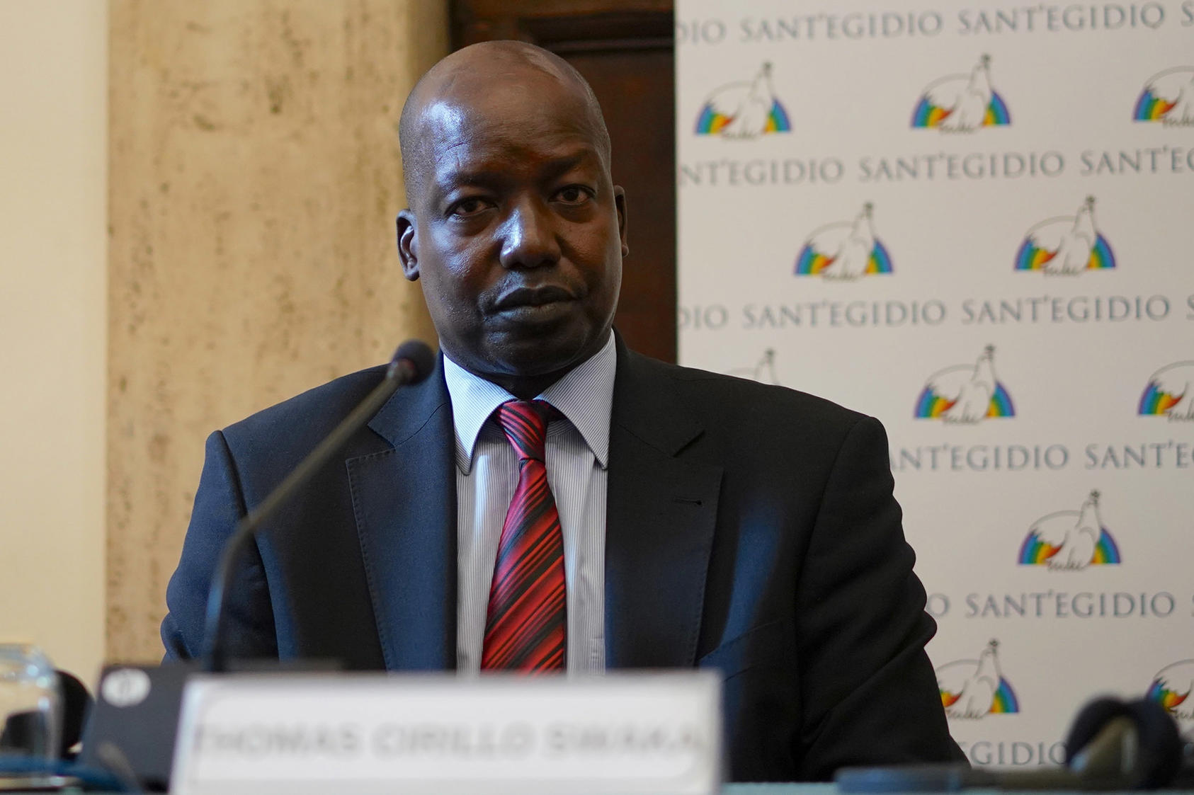 Thomas Cirillo, leader of the Equatoria-based National Salvation Front militia, addresses the media in Rome on November 2, 2019. (Andrew Medichini/AP)