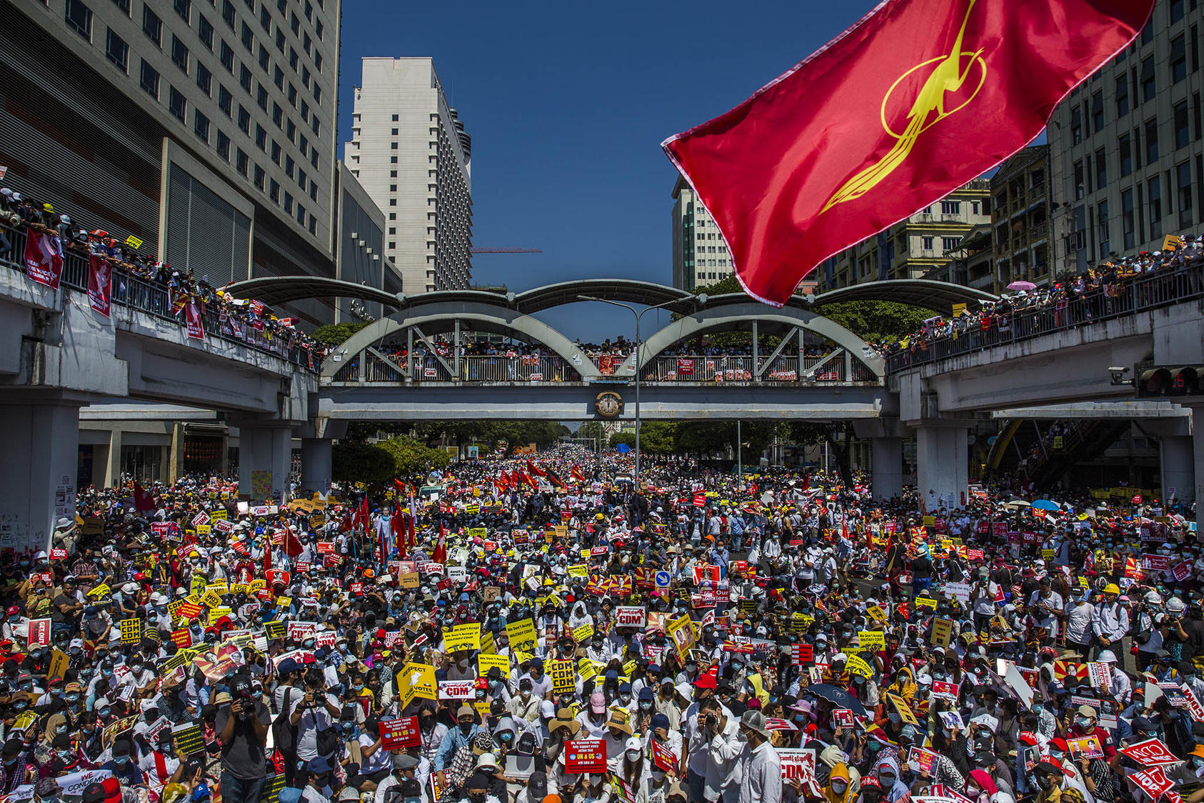 A protest in Yangon, Myanmar, Feb. 17, 2021. Almost immediately after the Feb. 2021 coup, diverse elements of the population joined hands in an unprecedented fashion to fight back and work to establish a new federal democracy. (The New York Times)