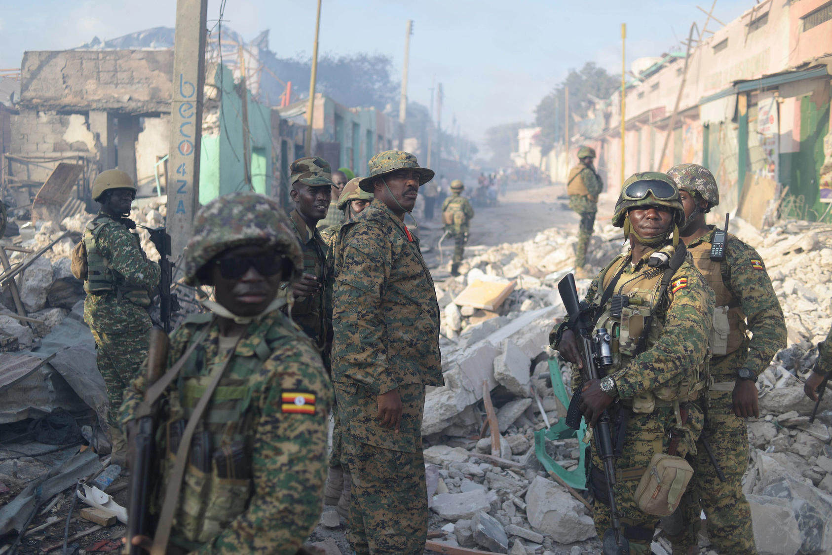 The African Union Mission in Somalia's Ugandan Contingent Commander, Brigadier General Kayanja Muhanga, visits the site of a VBIED attack conducted by the militant group al Shabaab in the Somali capital of Mogadishu in October 2017. (AMISOM/Tobin Jones)