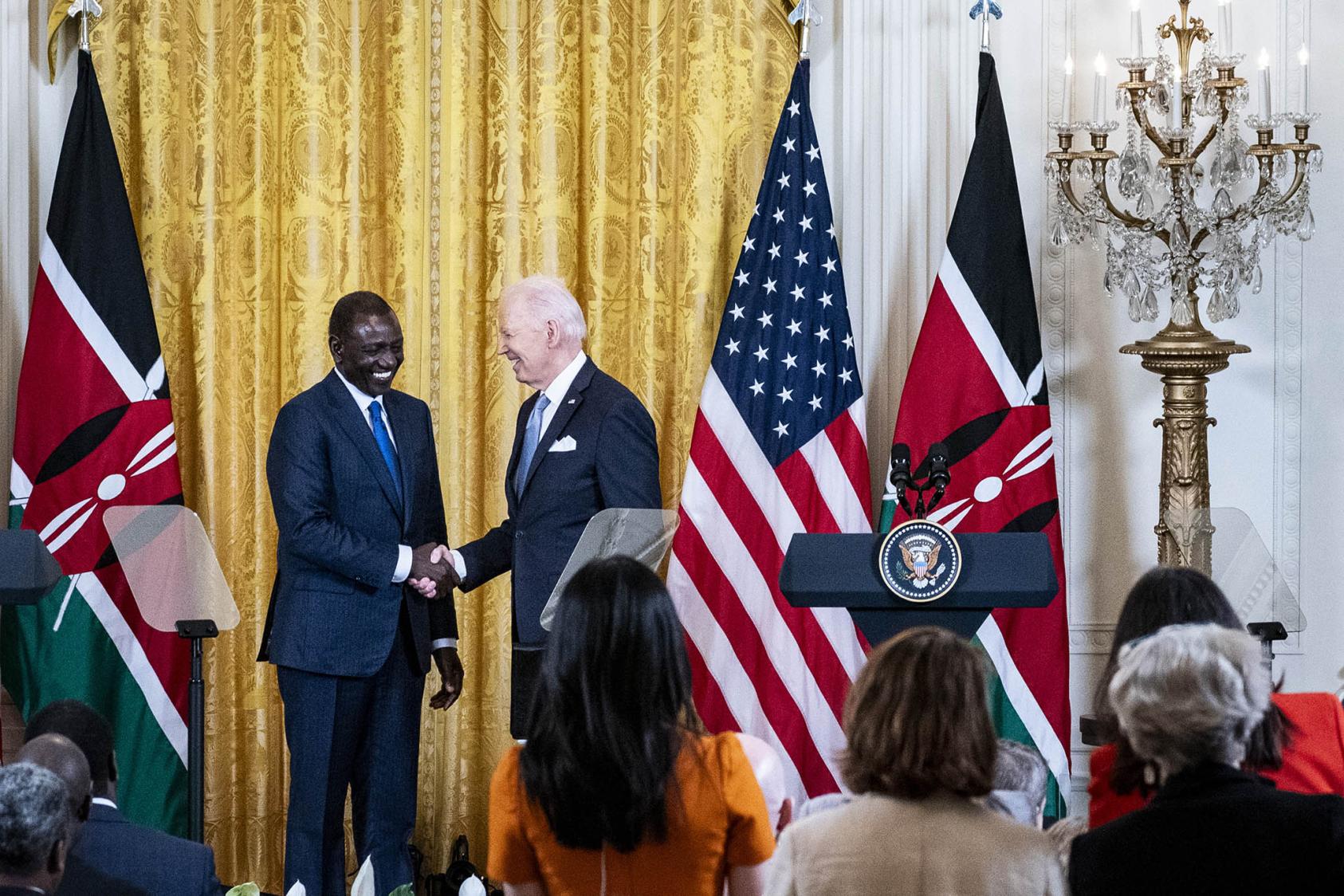 President Joe Biden greets Kenya’s President William Ruto at a press conference during Ruto’s state visit to Washington. The visit comes 17 months into implementation of the U.S.-declared ‘partnership with Africa.’ (Haiyun Jiang/The New York Times)