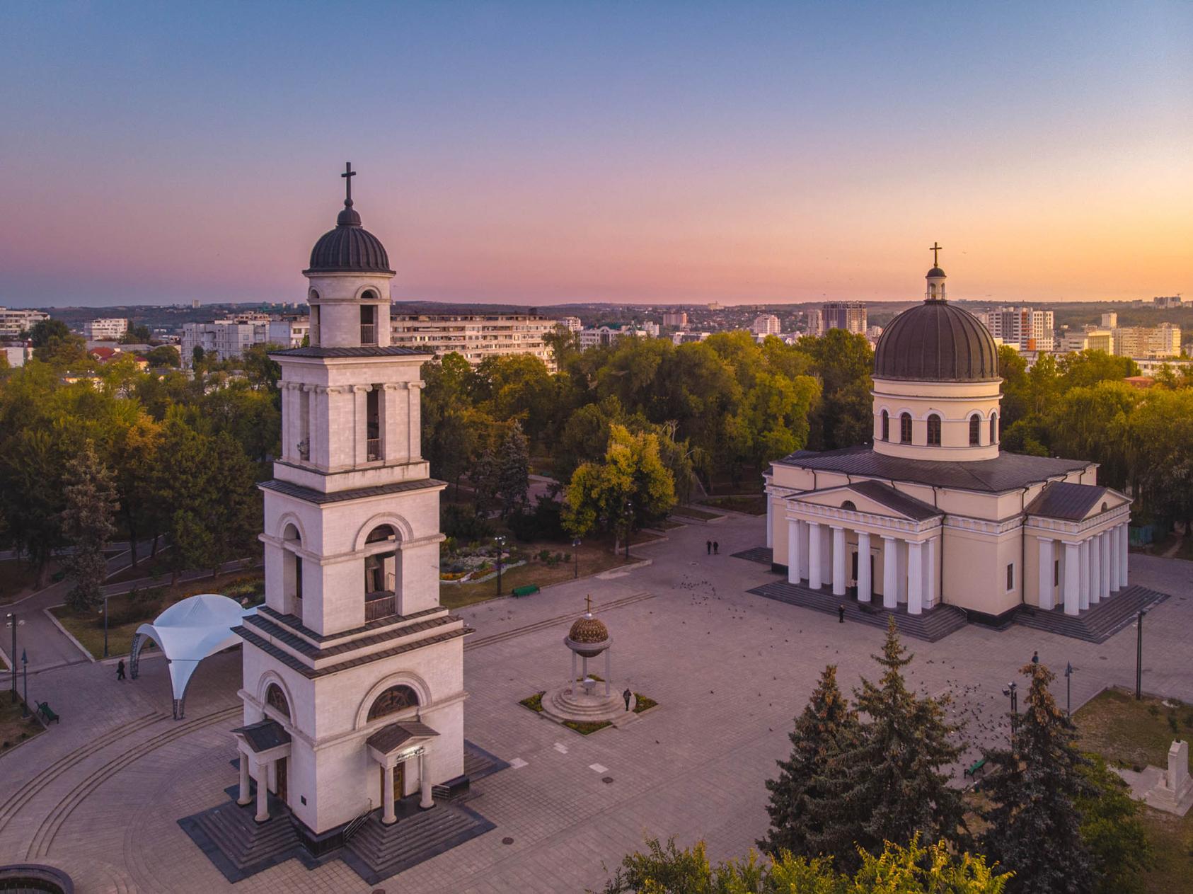 The Cathedral of Christ’s Nativity, seat of the Moldovan Orthodox Church, stands in early morning light next to its bell tower in central Chisinau. (Pelin Oleg/CC License 4.0)