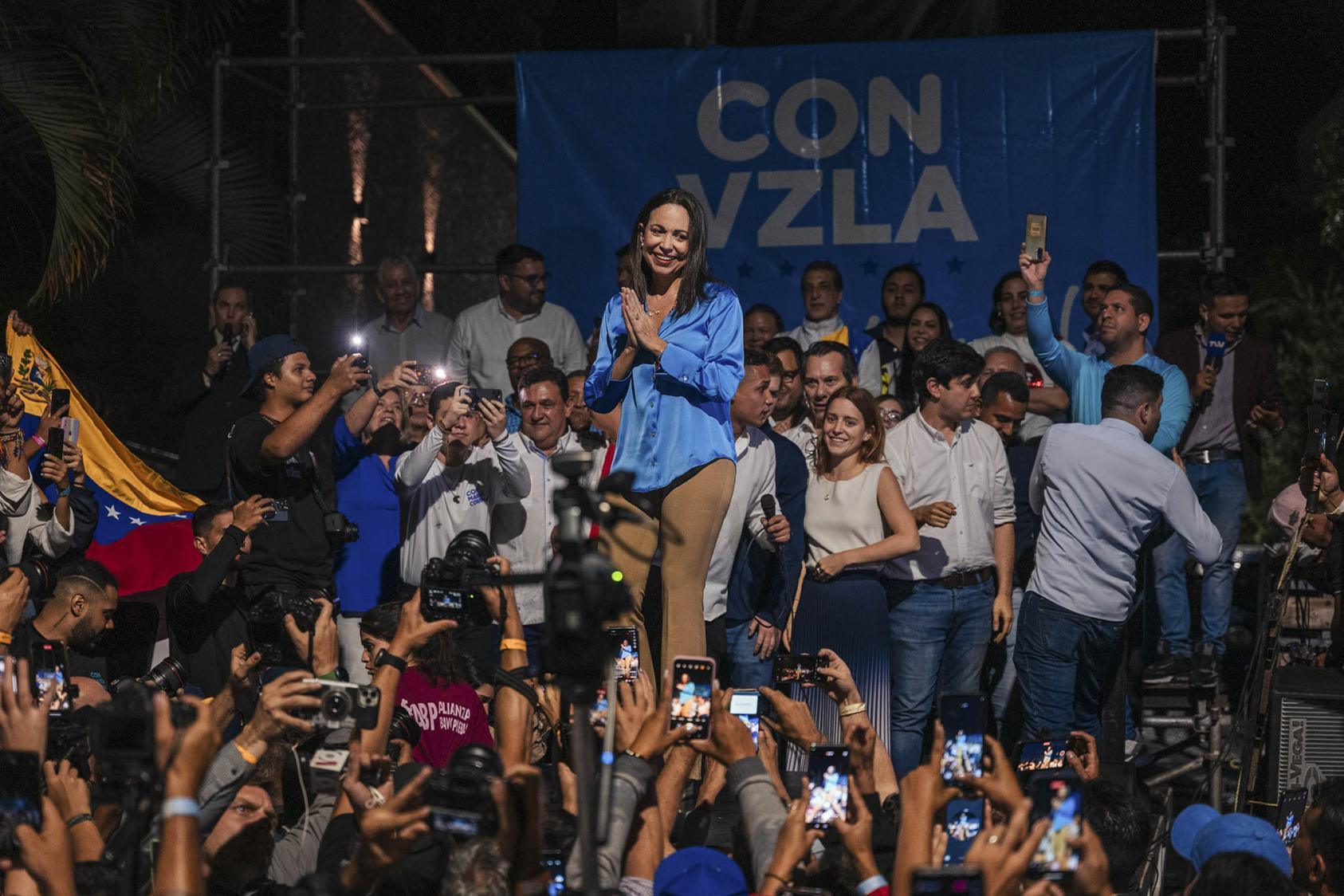 La líder opositora María Corina Machado en Caracas, Venezuela, el 22 de octubre de 2023. Machado ha sido inhabilitada para postularse a la presidencia. (Adriana Loureiro Fernandez/The New York Times)