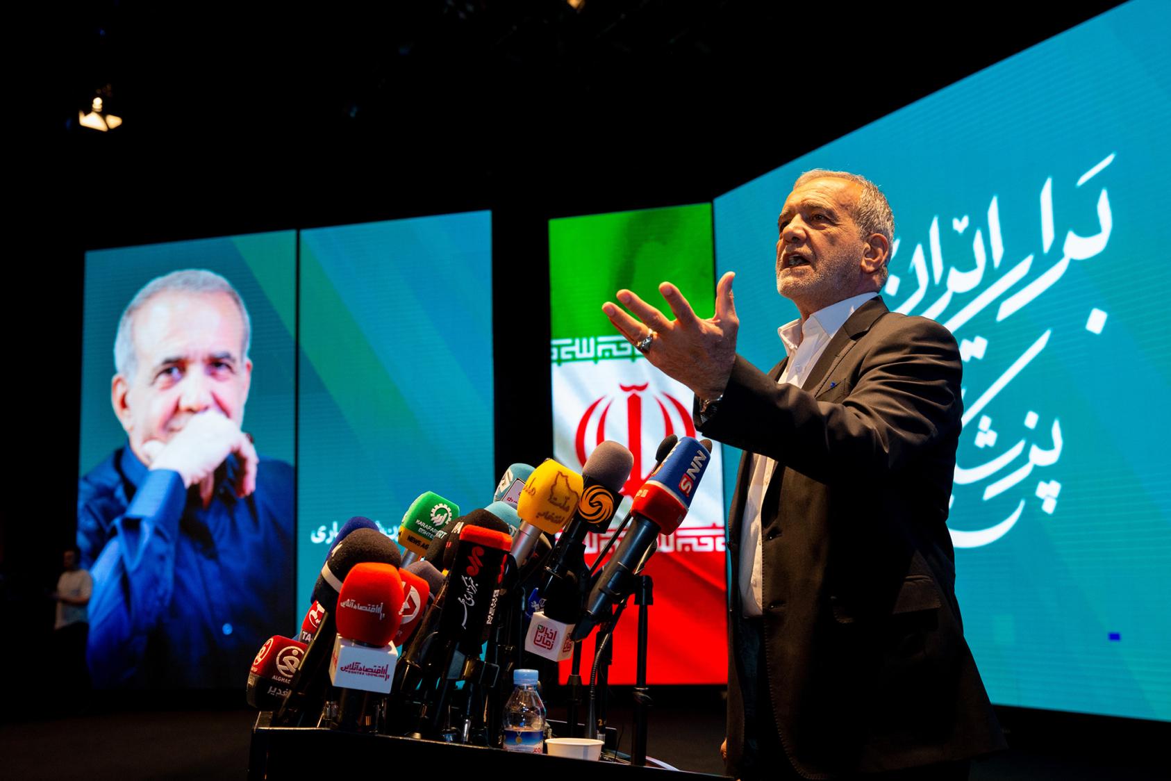 President-elect Masoud Pezeshkian of Iran campaigns in Tehran, June 19, 2024.