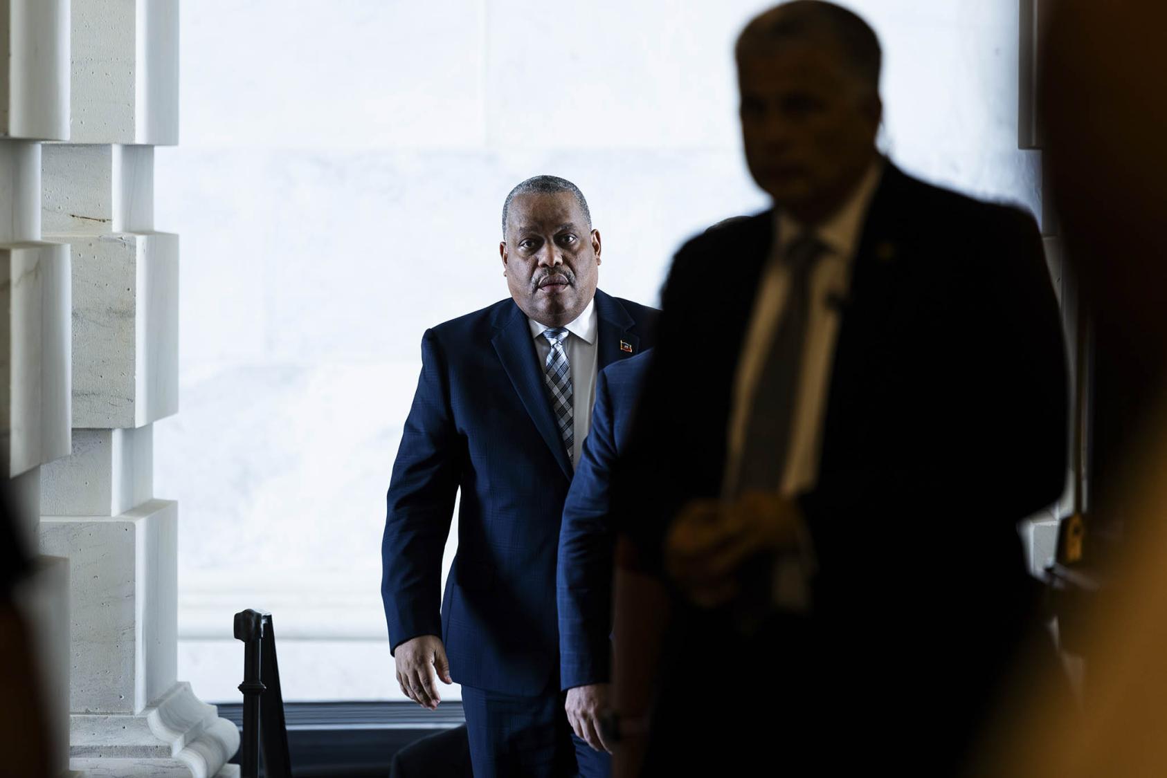 Prime Minister Garry Conille of Haiti arrives to meet with members of Congress at the Capitol in Washington, Tuesday, July 2, 2024. (Tierney L. Cross/The New York Times)