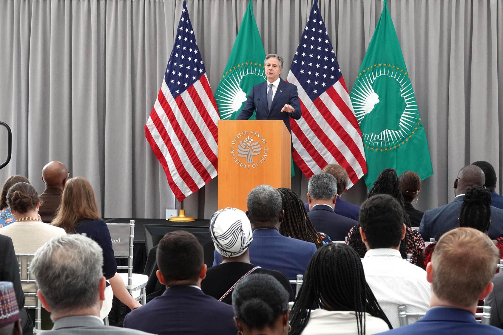 Secretary of State Antony Blinken speaks to African and U.S. business and policy leaders at a USIP forum on the AGOA trade program, July 24, 2024. Blinken and others urged stronger U.S. trade and investment with African partners.