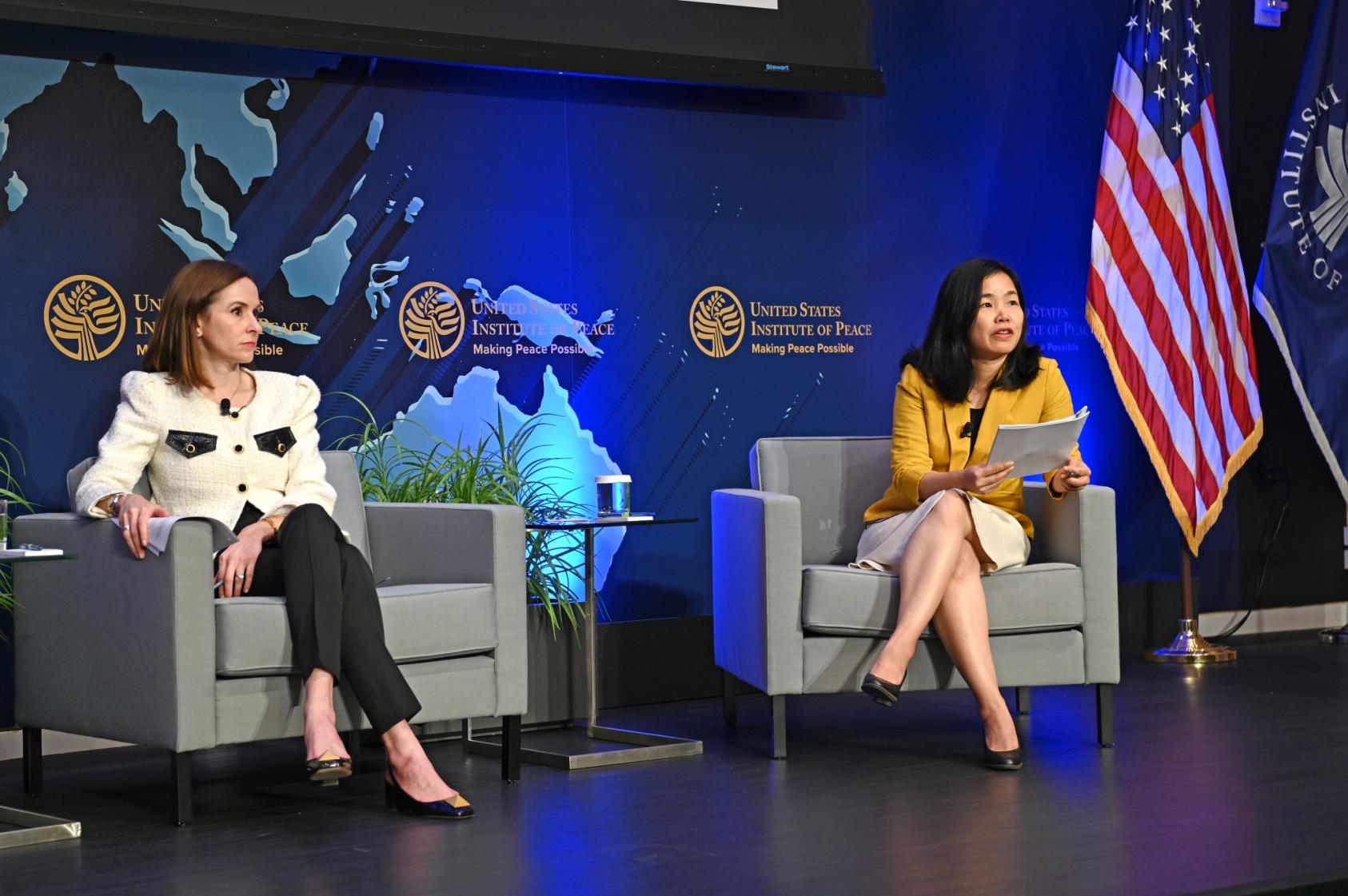 Mira Rapp-Hooper, Senior Director for East Asia and Oceania, National Security Council, and Hoang Thi Thanh Nga, former Deputy Chief of Mission, Embassy of Vietnam to the United States, speak on building peace in Southeast Asia at the 2nd Annual Dialogue on War Legacies and Peace. 